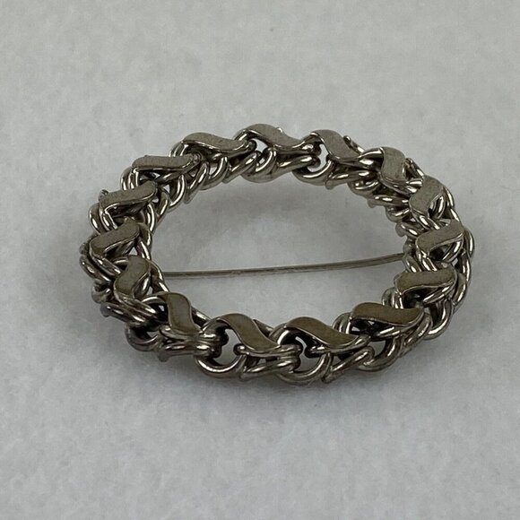 H.S.B. Sterling Silver Brooch, Flat Link Round Circle Pin Minimalist Vintage - Picture 2 of 5